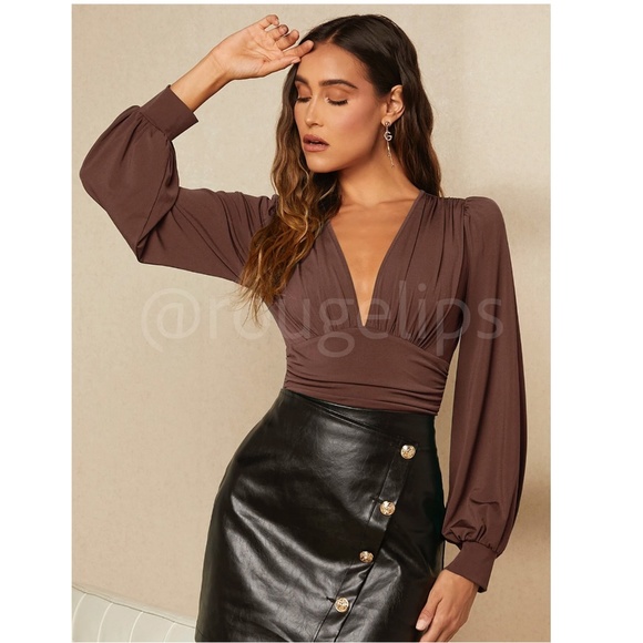 Brown Elegant V neck Bodysuit Long Bishop Sleeves Stretchy Ruched Waist - Picture 3 of 8